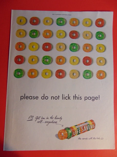 1947 LIFE SAVERS Don't Lick The Page photo art print ad