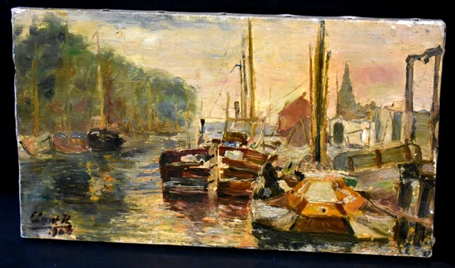 Tableau ancien huile bord de canal animé bateaux signé fin XIXème