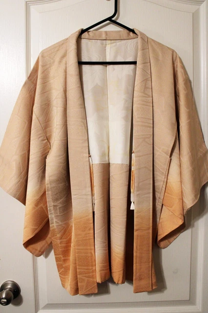 Japanese Nude Peach Ombre Silk Haori Jacket with Woven Geometric Pattern