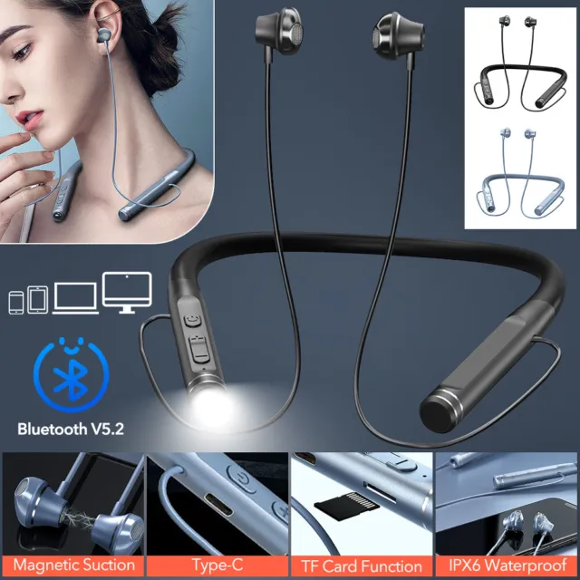 Magnetic Neckband Bluetooth Headphones Wireless Earbuds Earphones Mic Flashlight