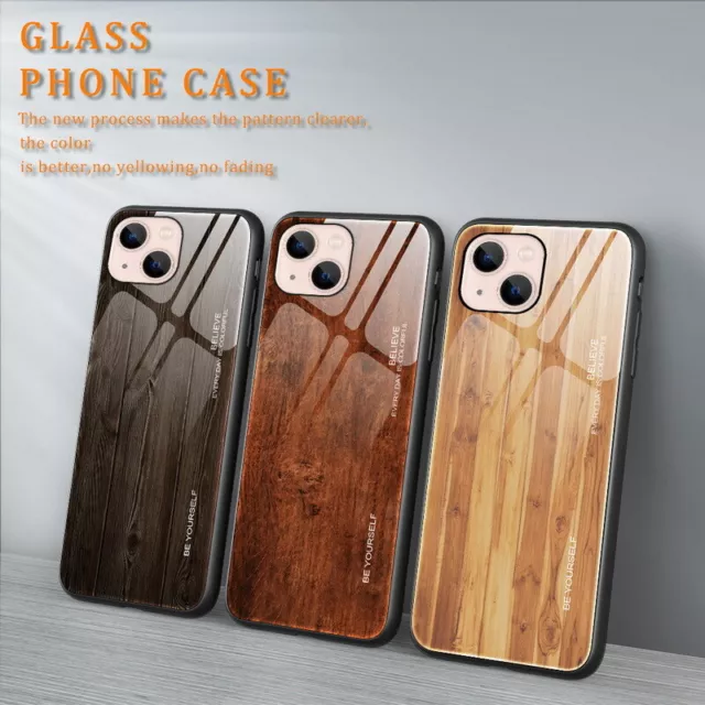 For iPhone 15 14 13 Pro Max 12 11 Wood Pattern Tempered Glass Hybrid Case Cover