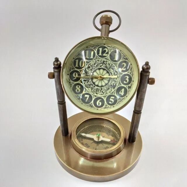 Reloj de escritorio náutico de latón antiguo, brújula marina, reloj de mesa...