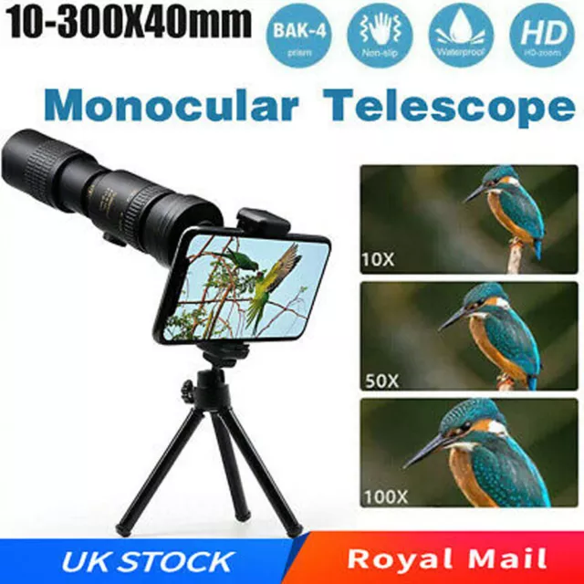 4K 10-300X40mm Super Telephoto Zoom Monocular Telescope Portable Fit Phone UK