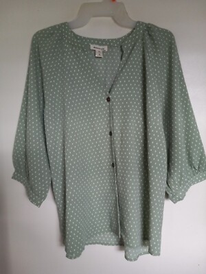 Monteau Los Angeles Polka Dot V-Neck Green Blouse Women's Size XL