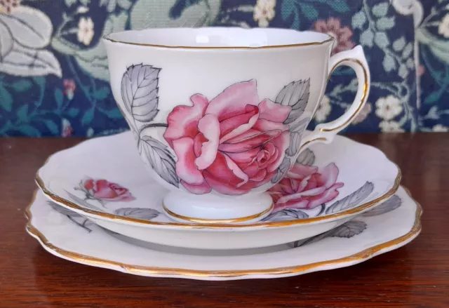 Vintage Royal Vale Pink Rose Grey Trio Cup Saucer Plate Bone China Made England