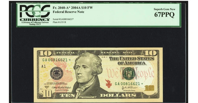 GEM. 2040-A* $10 2004a Federal Reserve Star Note. PCGS Superb Gem New 67PPQ.