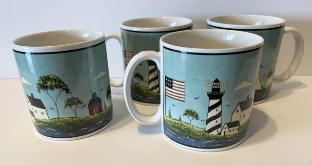 Warren Kimble Coastal Breeze Mug Set 4 Folk Art Americana Cup 1998 Sakura NY