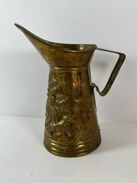 Vintage Lombard England Embossed Musician Scene Pressed Brass Pitcher Jug 6 3/4”