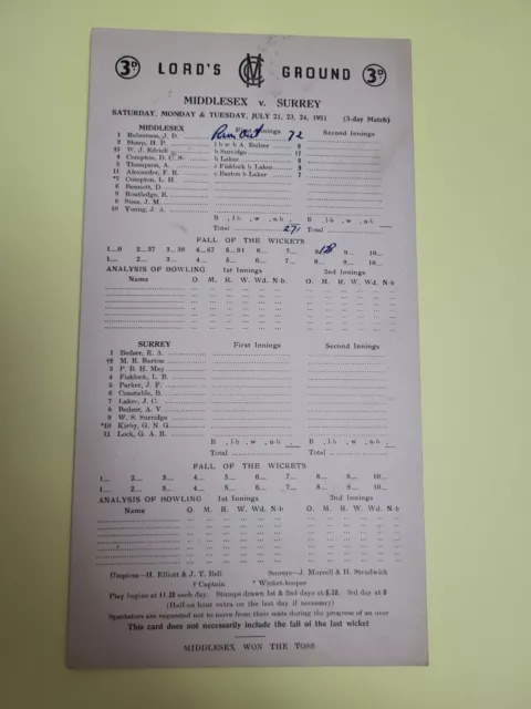Middlesex v Surrey ~ Cricket Scorecard 1951 ~ @ Lord's Ground Free Postage