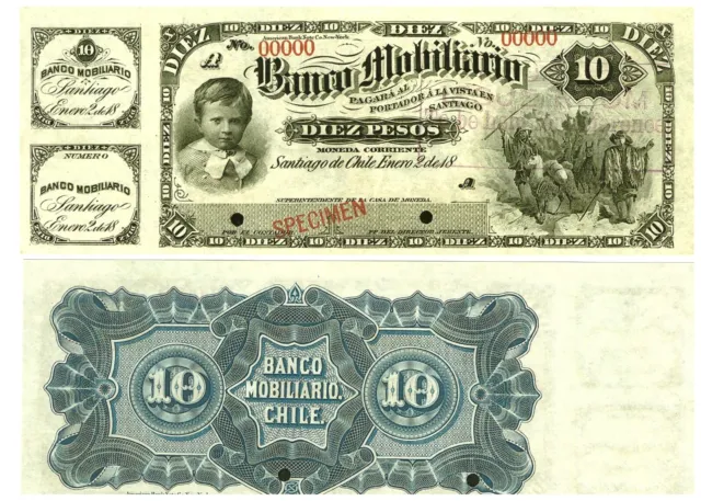-r Reproduction - Chile 10 Pesos 1898 SPECIMEN Pick #44   0922R