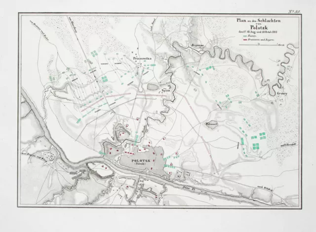 1857 Polazk Polen Napoleon Vierter Koalitionskrieg Kolorierter Kupferstich-Plan