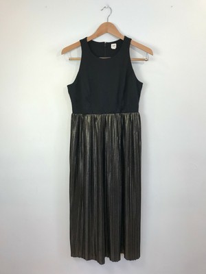 GAP Women's Dress 6 Fit & Flare Black Gold Pleated Sleeveless Scoop Neck Zip Up