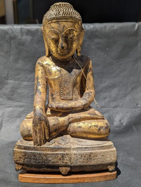 17th - 18th Century, Shan, Antique Burmese Wooden Seated Buddha With Gold Gilt