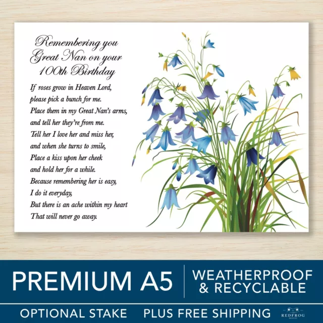 Carta commemorativa Great Nan 100 ° compleanno Nan in Heaven Grave Card A5 Impermeabile