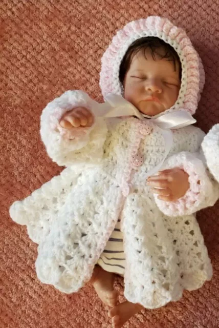 Newborn baby Girls Hand Knitted crochet hat and cardigan Pink White