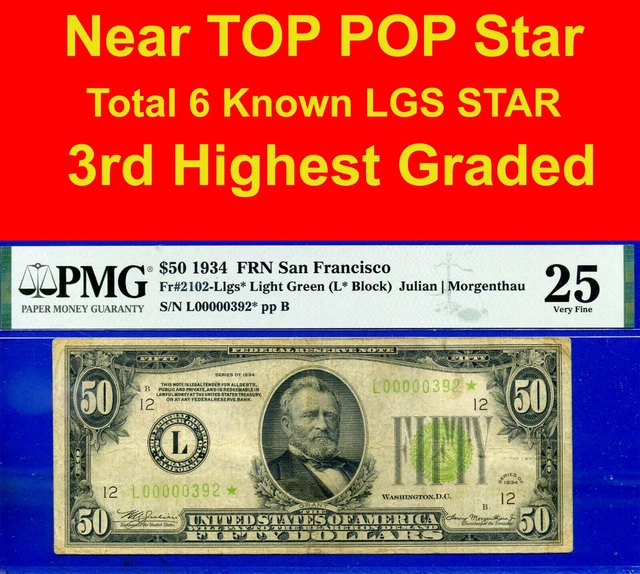 Near TOP POP ✅1934 $50 FRN ➡️ 3rd Finest 🔴 San Francisco STAR ⬅️ PMG 25 # 0392