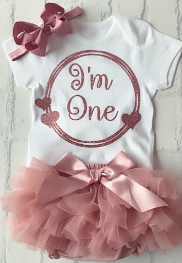 Girls Frilly Tutu Knicker 1st First Birthday Outfit I’m One Dusky Pink Rose Gold