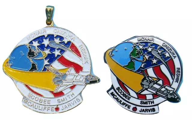 NASA PIN & CHARM Pair vtg STS-51L Space Shuttle Challenger McAuliffe Jarvis