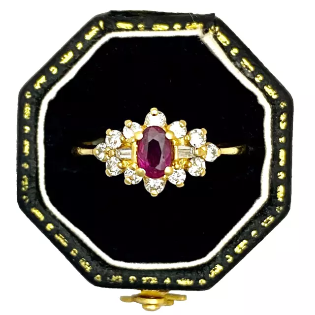 REAL RUBY & DIAMOND RING  - 18CT SOLID YELLOW GOLD - 2.75gr -SIZE M