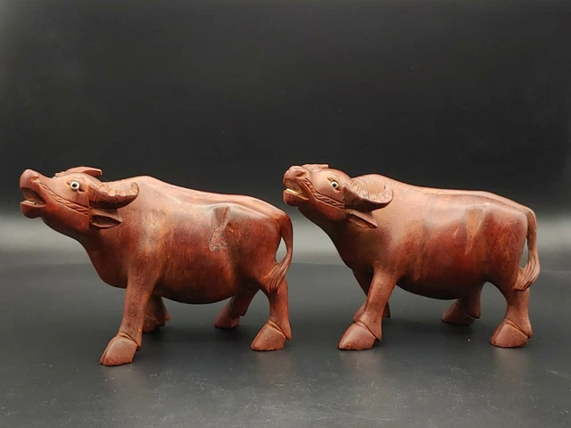 花梨红木雕像水牛 Vintage Chinese Rosewood Buffalos Statue Figurine Home Office Art Decor