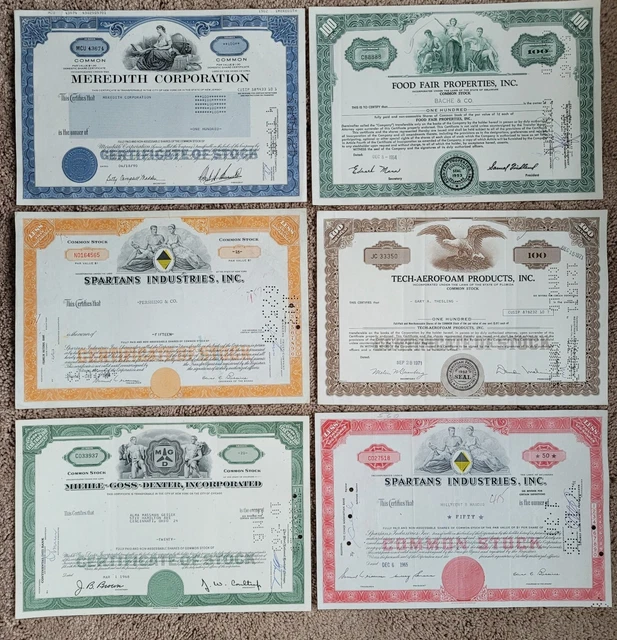 Vintage lot of 6 Cancelled Stock Certificates. Suitable for framing. Very Nice.