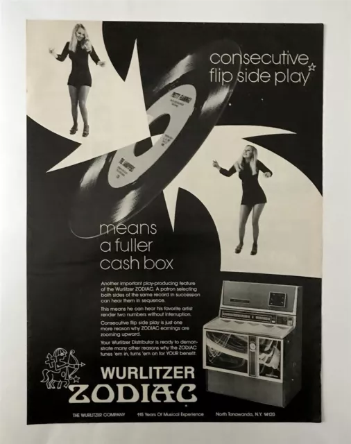 Wurlitzer Zodiac Jukebox 1971 Short Print Poster Type Ad, Advert (Arrows Var.)