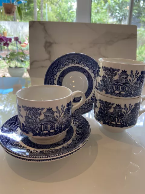 Vintage Churchill BLUE WILLOW 3 FLAT CUP & SAUCER SETS England *Read