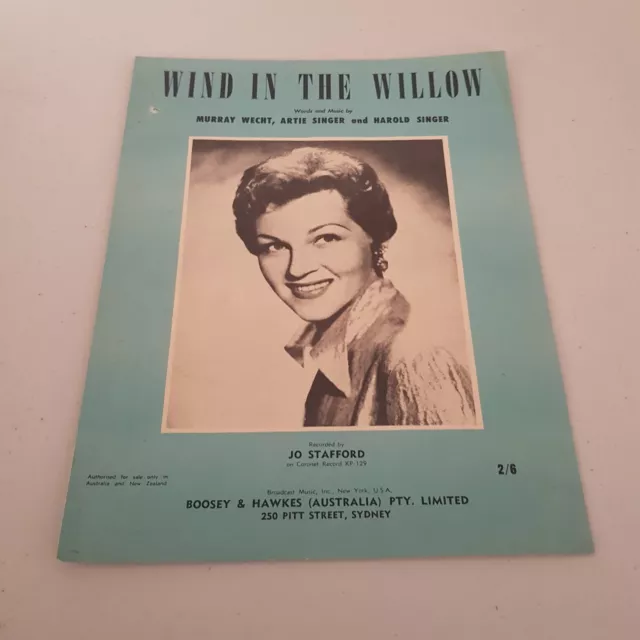 Jo Stafford - Wind in The Willows Rare 1957 Oz Sheet Music