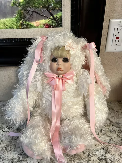 Stuffed Floppy-Eared Bunny Rabbit / F With Porcelain Doll Pouty Face Cuddlekins