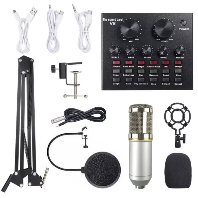 BM-800 Condenser Mic Kit: Studio, Pop Filter, Scissor Arm, V8 Sound Card