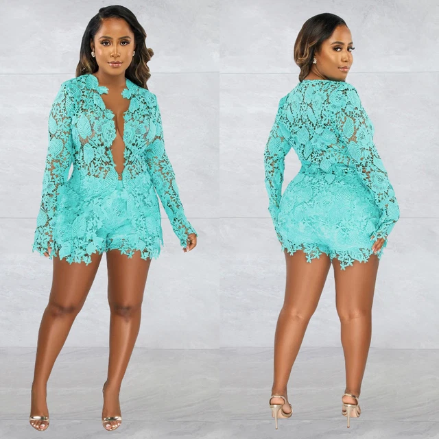 New Women Long Sleeve Hollow Lace Shirt Tops and Shorts Outfits Jumpsuit 2-piece