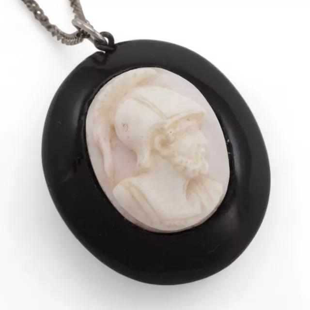 ANTIQUE VICTORIAN Whitby Jet & Carved Shell Centurion Soldier Cameo Pendant