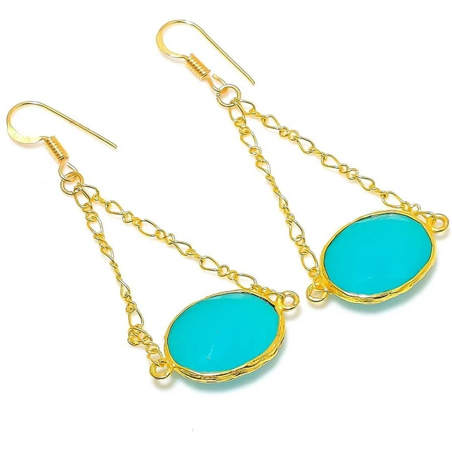 Aqua Chalcedony Gemstone Handmade 925 Sterling Silver Jewelry Earring 2.56" K647