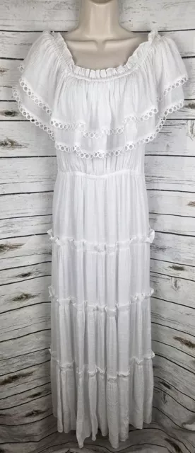 The Impeccable Pig White Tiered Dress M Maxi Crinkle Gauze Bridal Beachy Flounce