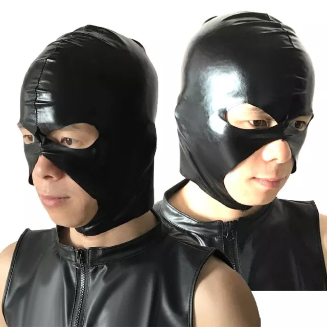 Adults Full Face Mask PU Leather Open Mouth Eye Head Cover Mask Cosplay  Costume