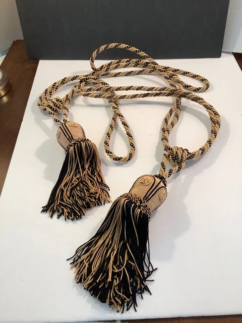 Pair of Curtain Drapery Tie Backs w/Tassels Braided Rope Cord Black Gold 28"