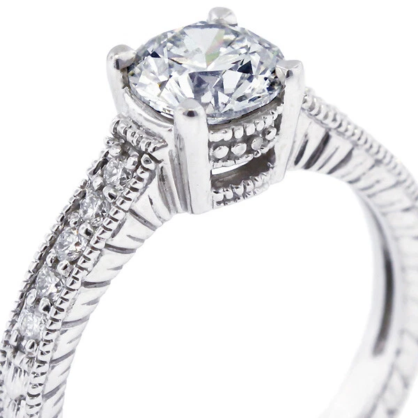 1ct G VS2 Round Natural Diamonds 14kw Gold Vintage Style Sidestone Ring