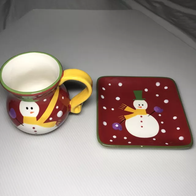 Pier 1 Imports Snowman Mug & Square Plate Set Hand-Painted Snow Ball Red & White
