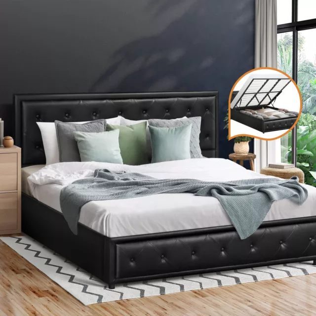 Oikiture Bed Frame King Size Gas Lift Base With Storage Black Leather