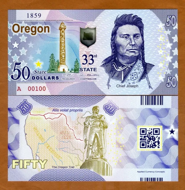 USA States, Oregon, $50, Polymer, ND (2018), UNC Chief Joseph, Oregon Trail