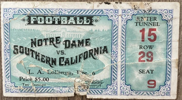 1930 NOTRE DAME vs SOUTHERN CALIFORNIA TICKET STUB COACH KNUTE ROCKNE VERY RARE