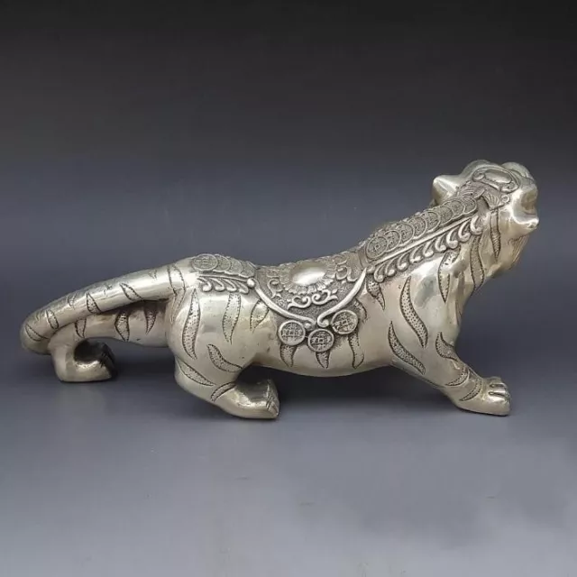 13" Old China FengShui Silver  Auspicious Carved Wealth Money Coin Tiger Statue 3