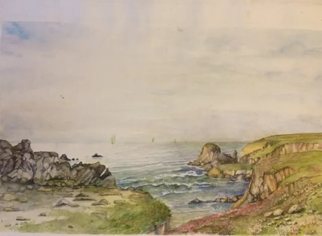 Grande aquarelle - Paysage cotier - Fond d'atelier H.Boissé - 60x38 cm