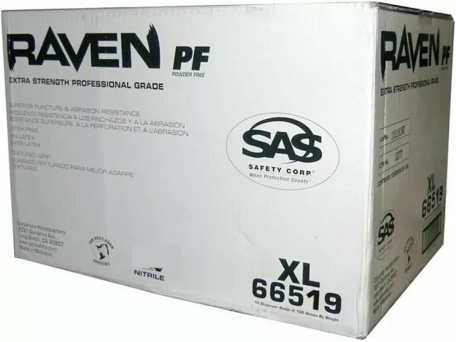 SAS 66519 Raven Powder-Free Black Nitrile Gloves X-Large ( 10 Boxes of 100 )CASE