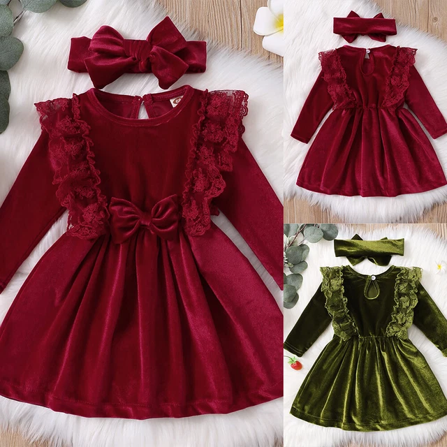 Baby Girl Velvet Lace Bow Princess Dress Birthday Party Headband Outfit Set UK