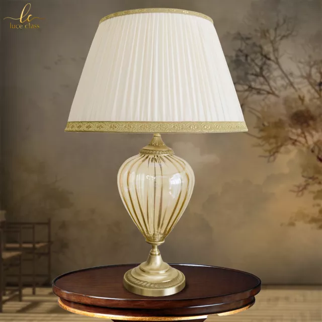 Lampada da tavolo classica vetro Murano ambra e ottone con paralume seta plissé