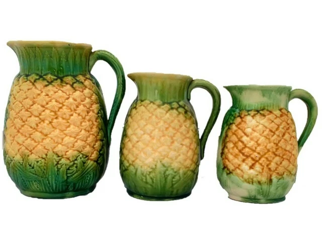 Majolica Pineapple Jugs Graduated Set 3 Naturalistic Antique Victorian c 1870