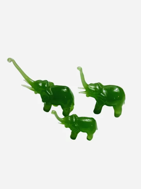VTG Green Jade Jadite Solid Glass Tusked Long Trunk Elephant Figurine Set Of 3