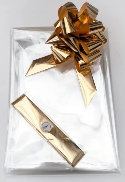 ShredAstic® Hamper Wrap Kit Clear Cellophane Film Wrap Gold Metallic Bow Xmas