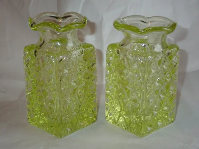 Antique Pair 4 3/4” EAPG Vaseline Pressed / Quilted  Diamond Pattern Vase Canary